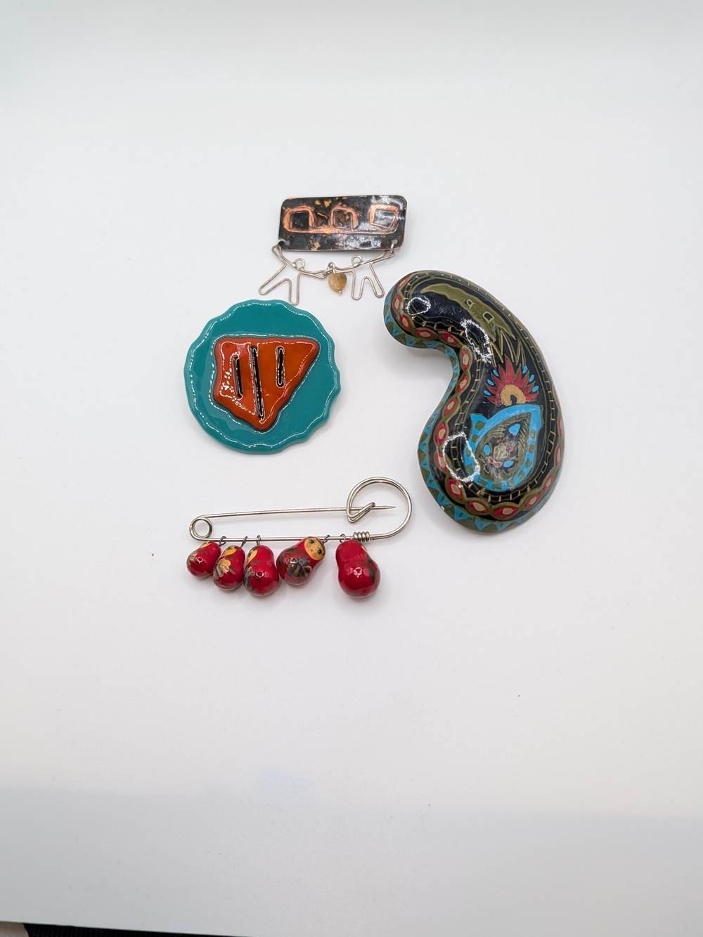 Artisan Multi-Brooch Set in Teal, Orange, Black and Red